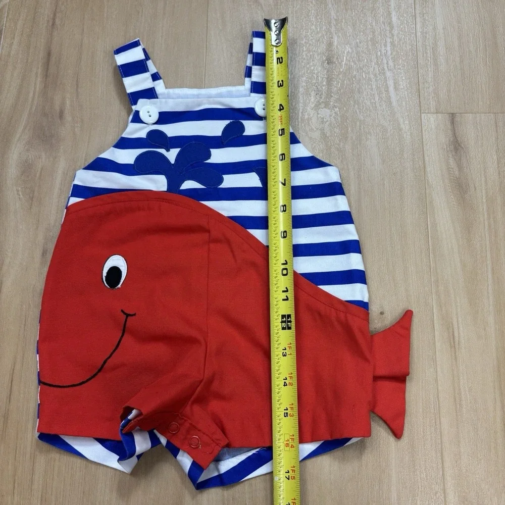 Vintage Baby Romper Whale Appliqué Blue And White Stripe 18 Month Shortall